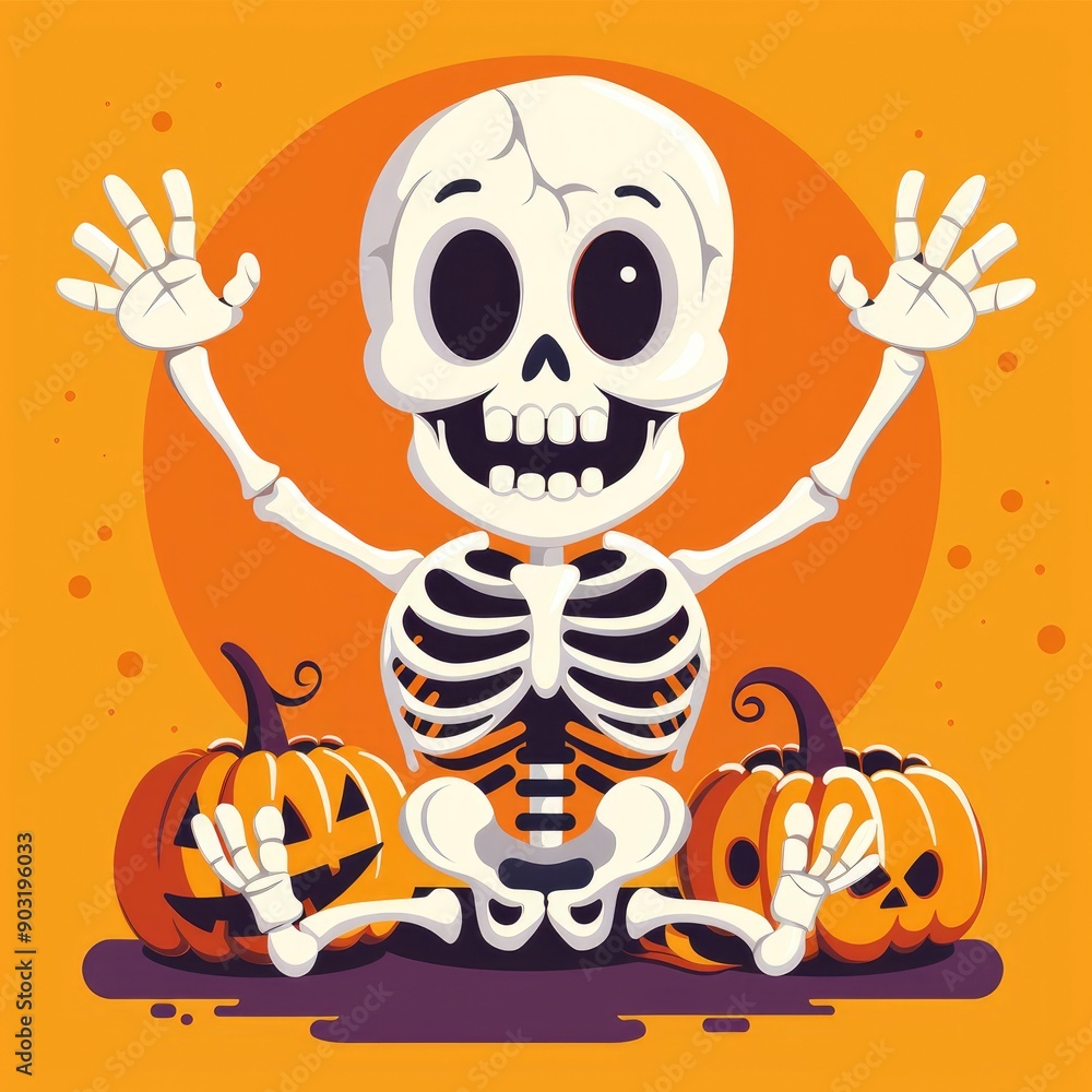 Happy Skeleton with Pumpkins for Halloween Happy Skeleton with Pumpkins for Halloween