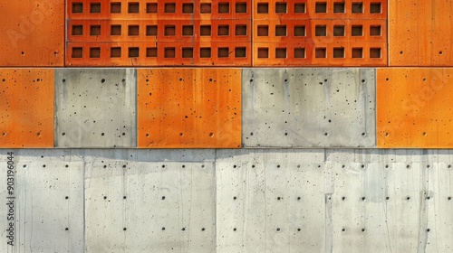 Detailed view of an outdoor wall constructed from orange bri in a modern urban environment photo