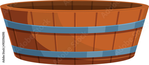 Empty wooden tub made of brown planks and reinforced with metal rings