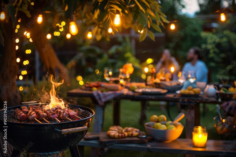 A warm and inviting backyard setting with a barbecue grill loaded with food, a beautifully arranged table, and glowing string lights creating a cozy and festive atmosphere. A warm and inviting backyard setting with a barbecue grill loaded with food, a beautifully arranged table, and glowing string lights creating a cozy and festive atmosphere.