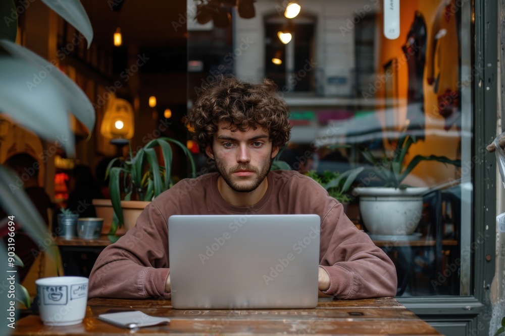 A man with curly hair works on his laptop in a cozy cafe with plants and a cup of coffee on the table, surrounded by a warm and inviting atmosphere and other patrons. A man with curly hair works on his laptop in a cozy cafe with plants and a cup of coffee on the table, surrounded by a warm and inviting atmosphere and other patrons.