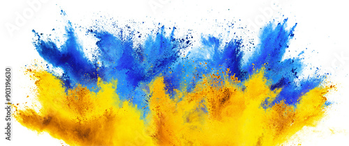colorful flag of ukraine with blue yellow  color holi paint powder explosion isolated white background. ukrainian symbol travel freedom and tourism concept.