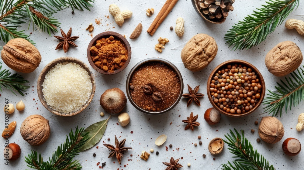 Assorted spices and nuts arranged in bowls with pine branches for holiday preparation Assorted spices and nuts arranged in bowls with pine branches for holiday preparation