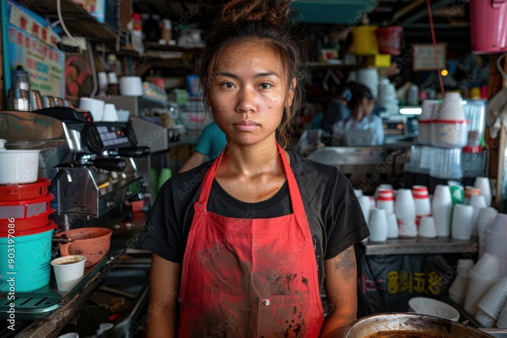A woman, wearing a red apron, stands in a bustling coffee shop surrounded by various coffee-making equipment and supplies, indicating a hard-working and busy environment. A woman, wearing a red apron, stands in a bustling coffee shop surrounded by various coffee-making equipment and supplies, indicating a hard-working and busy environment.
