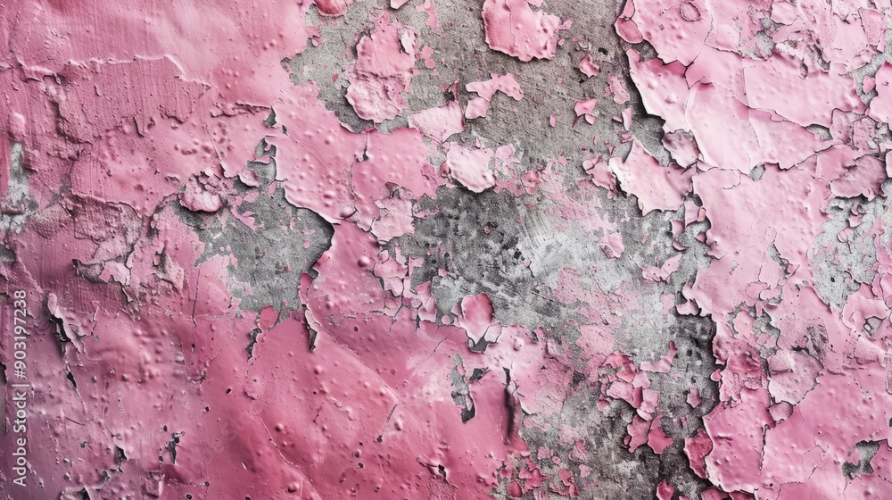 Naklejka premium Textured pink cement wall showing chipping paint and weathered surface