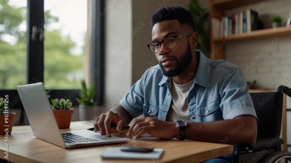Focused young man in wheelchair using laptop computer for online work or communication at home. Hardworking disabled black guy having webinar or remote business meeting Focused young man in wheelchair using laptop computer for online work or communication at home. Hardworking disabled black guy having webinar or remote business meeting