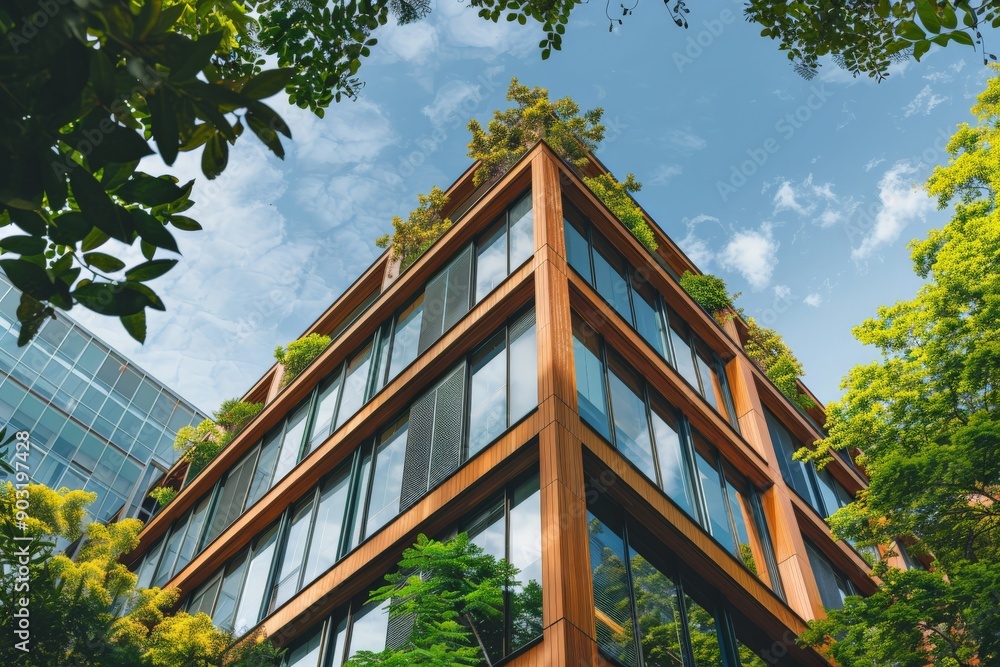 An eye-catching, eco-friendly modern building featuring abundant greenery and natural wooden elements, reflecting a harmony between urban architecture and nature. An eye-catching, eco-friendly modern building featuring abundant greenery and natural wooden elements, reflecting a harmony between urban architecture and nature.