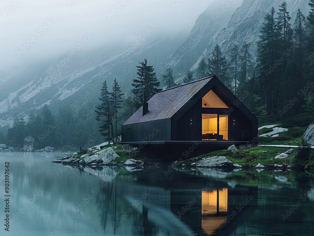Fototapeta premium A small cabin sitting on top of a mountain next to a lake