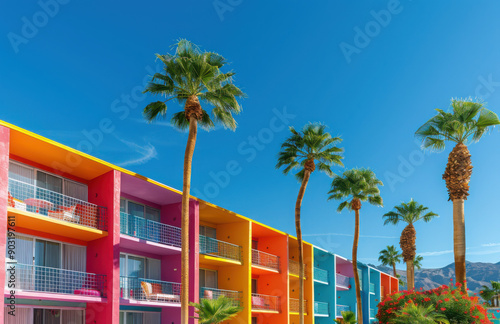 Saguaro hotel, palm trees and colorful architecture in Palm Springs, California photo