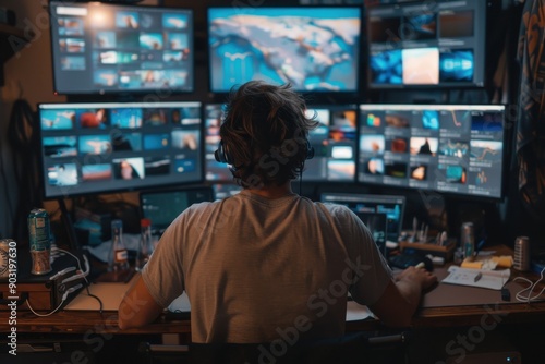 An individual intently working at a computer with multiple monitors and editing software in a cluttered room, showcasing the process of video editing with dedication and focus.