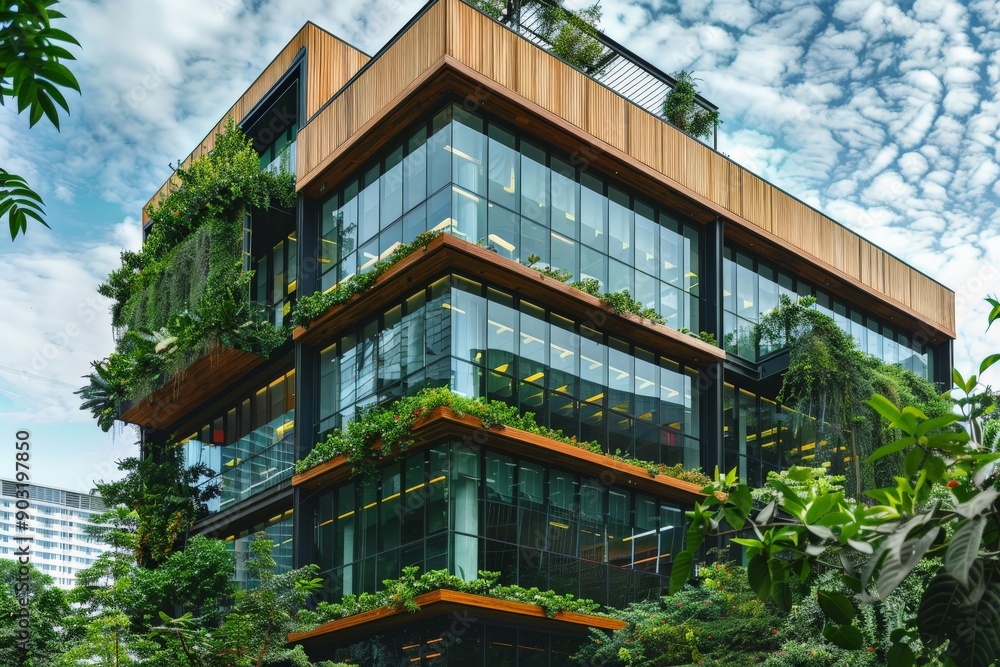 Obraz premium An impressive building featuring green terraces and large glass windows, illustrating a harmonious relationship between modern construction and the natural environment.