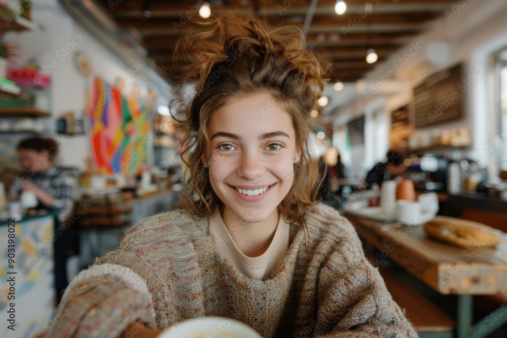 A smiling woman in a cozy cafe, wrapped in a warm, comfortable sweater, enjoying a beverage, reflecting a moment of relaxation and contentment in a warm ambiance. A smiling woman in a cozy cafe, wrapped in a warm, comfortable sweater, enjoying a beverage, reflecting a moment of relaxation and contentment in a warm ambiance.
