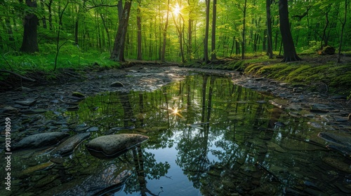 Tranquil stream in spring forest with sunlight filtering through green canopy