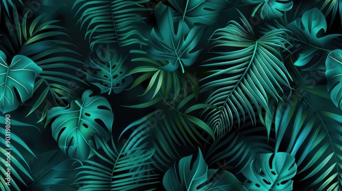 pattern with turquoise and teal monstera leaves 