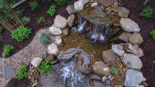 Pondless waterfall installation in a serene backyard garden setting photo