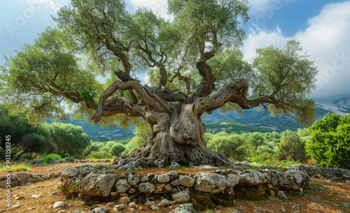 Very old ancient Olive tree in Golgo plateau near Baunei in Ogliastra, Sardinia island, Italy photo