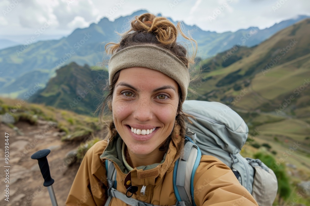 A woman with a beige headband and wearing a backpack is hiking in mountainous terrain. She has a joyful expression on her face, and the background reveals a stunning, expansive landscape. A woman with a beige headband and wearing a backpack is hiking in mountainous terrain. She has a joyful expression on her face, and the background reveals a stunning, expansive landscape.
