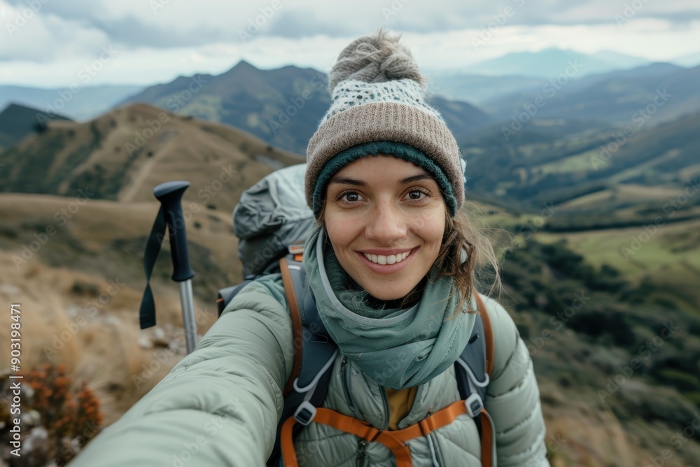 A woman in a beanie is hiking in a mountainous area. She is smiling and appears well-equipped for the journey, with a backpack and hiking pole. The scenery is expansive and beautiful. A woman in a beanie is hiking in a mountainous area. She is smiling and appears well-equipped for the journey, with a backpack and hiking pole. The scenery is expansive and beautiful.