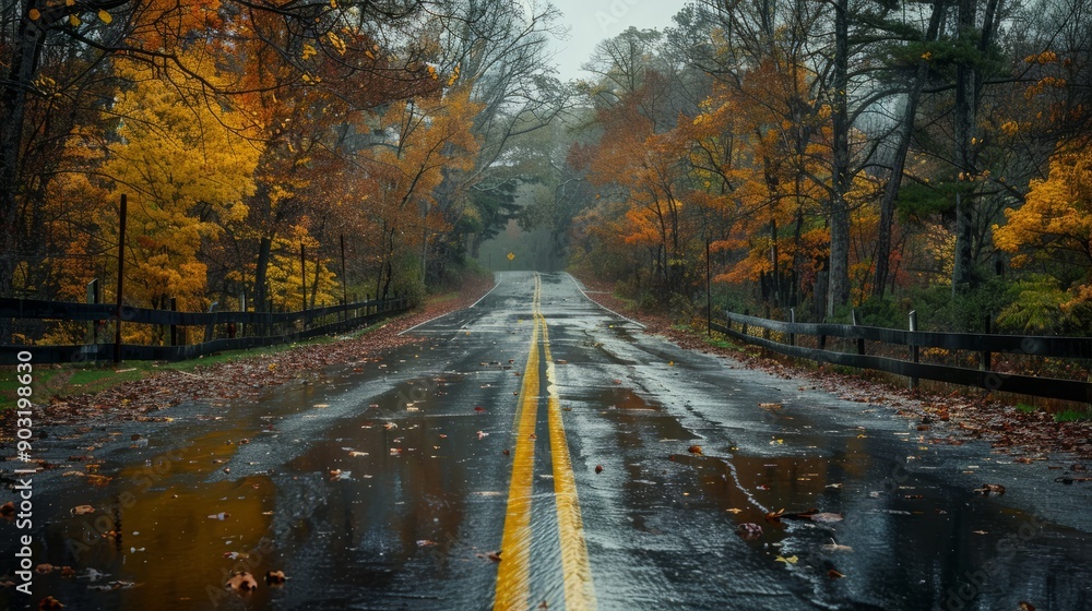 Obraz premium Country road surrounded by autumn trees on a cloudy rainy day