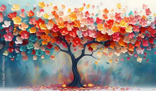 Fototapeta Naklejka Na Ścianę i Meble -  Colorful tree with leaves on hanging branches illustration background. 3d abstraction wallpaper . Floral tree with multicolor leaves