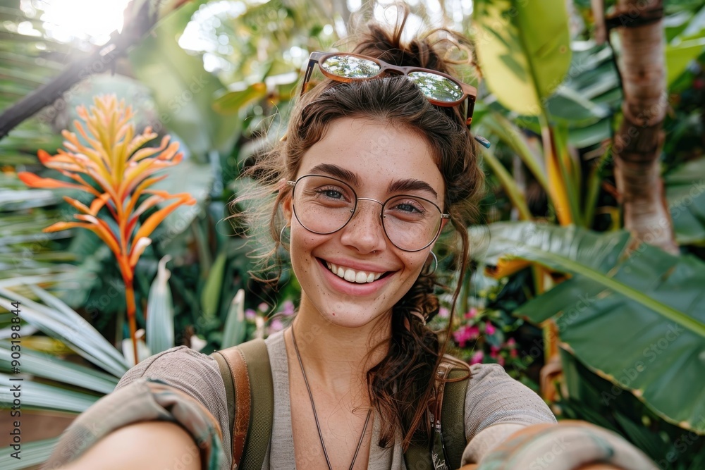 A woman with glasses smiles in a tropical garden, surrounded by vibrant flora and lush greenery, taking a cheerful selfie on a sunny day. A woman with glasses smiles in a tropical garden, surrounded by vibrant flora and lush greenery, taking a cheerful selfie on a sunny day.