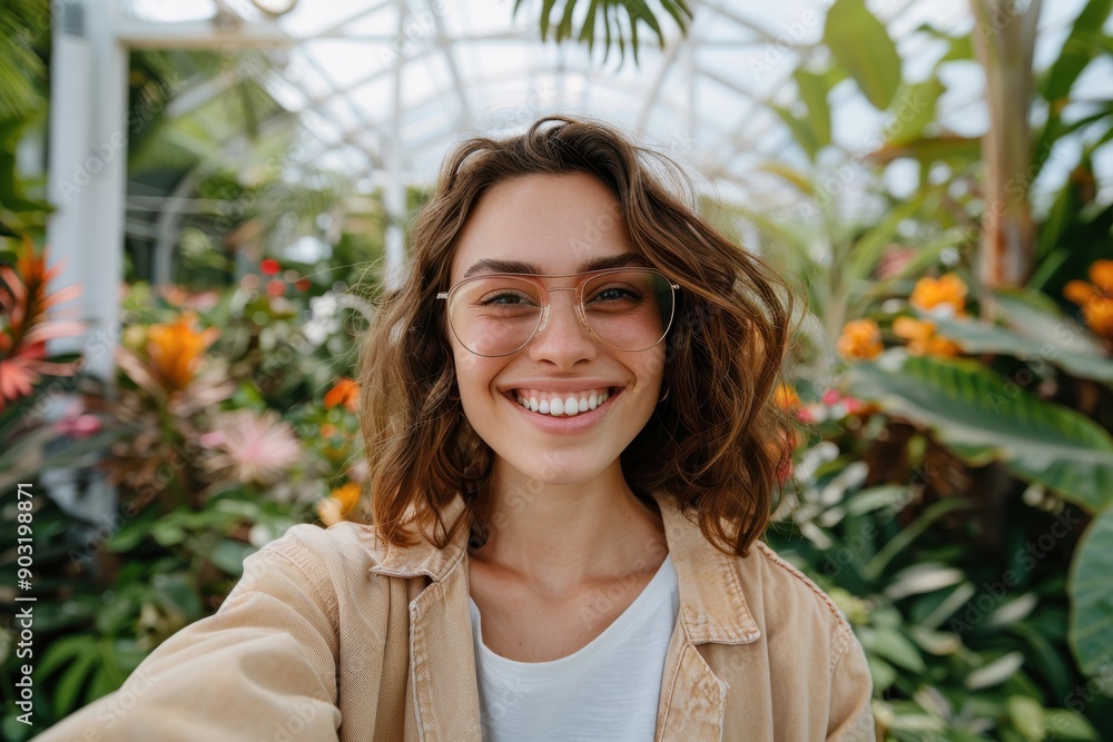 A woman in a beige jacket smiles for a selfie in a tropical greenhouse, surrounded by vibrant plants and flourishing flowers, enjoying the natural surroundings. A woman in a beige jacket smiles for a selfie in a tropical greenhouse, surrounded by vibrant plants and flourishing flowers, enjoying the natural surroundings.