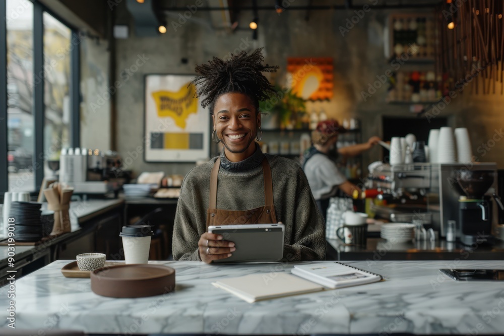 A smiling barista stands behind the counter at a modern coffee shop, holding a digital tablet, ready to assist customers and manage orders efficiently. A smiling barista stands behind the counter at a modern coffee shop, holding a digital tablet, ready to assist customers and manage orders efficiently.