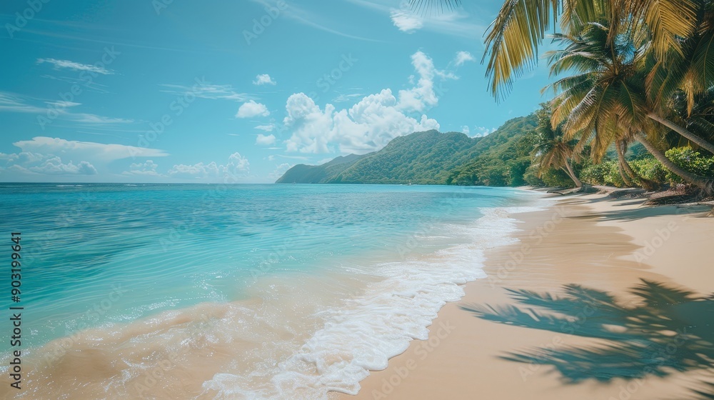 Serene beach with palm trees and turquoise waters, tropical paradise Serene beach with palm trees and turquoise waters, tropical paradise