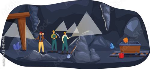 Mining industry concept with miners team working underground, extracting minerals and ore in dark tunnel