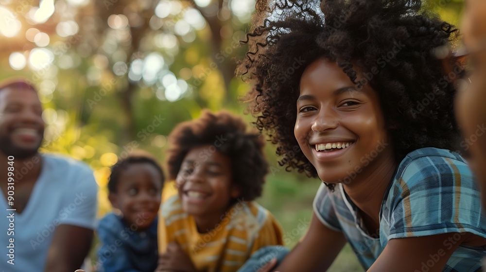 A black family smiling and laughing during a picnic in a park A black family smiling and laughing during a picnic in a park