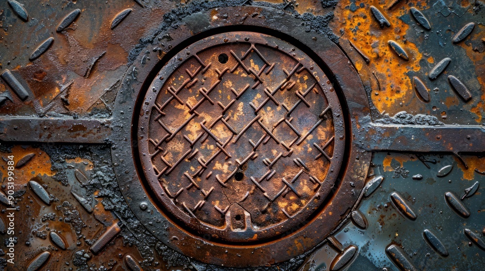 Corroded metal surface with dirt on manhole cover in urban environment Corroded metal surface with dirt on manhole cover in urban environment