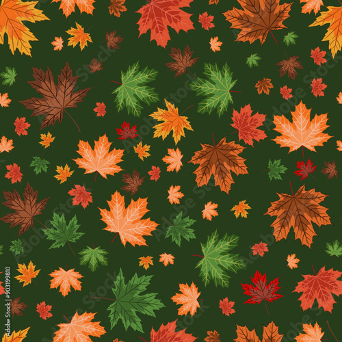 autumn seamless background. A bright vector illustration depicting a multitude of multicolored fallen maple leaves on a green background. colorful autumn-themed drawing photo