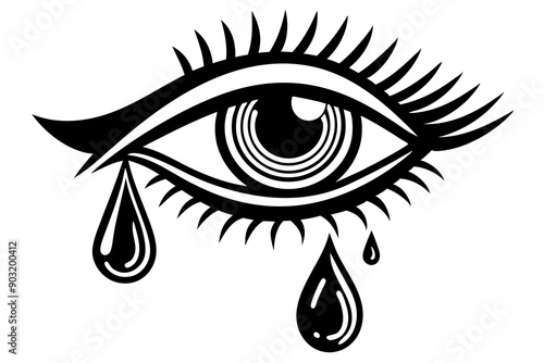 Tears dropping from eye, silhouette black linocut vector art illustration