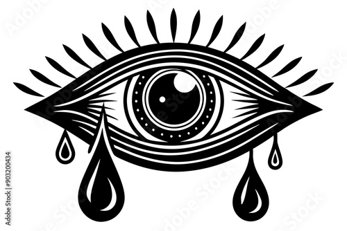 Tears dropping from eye, silhouette black linocut vector art illustration