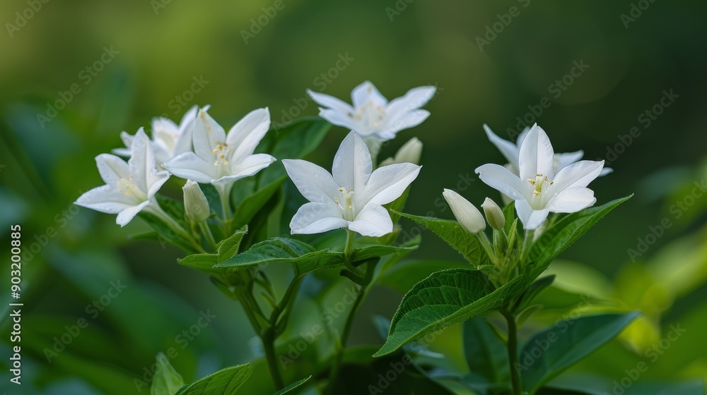 Tabernaemontana divaricata blooming white flowers with green foliage in natural setting Tabernaemontana divaricata blooming white flowers with green foliage in natural setting