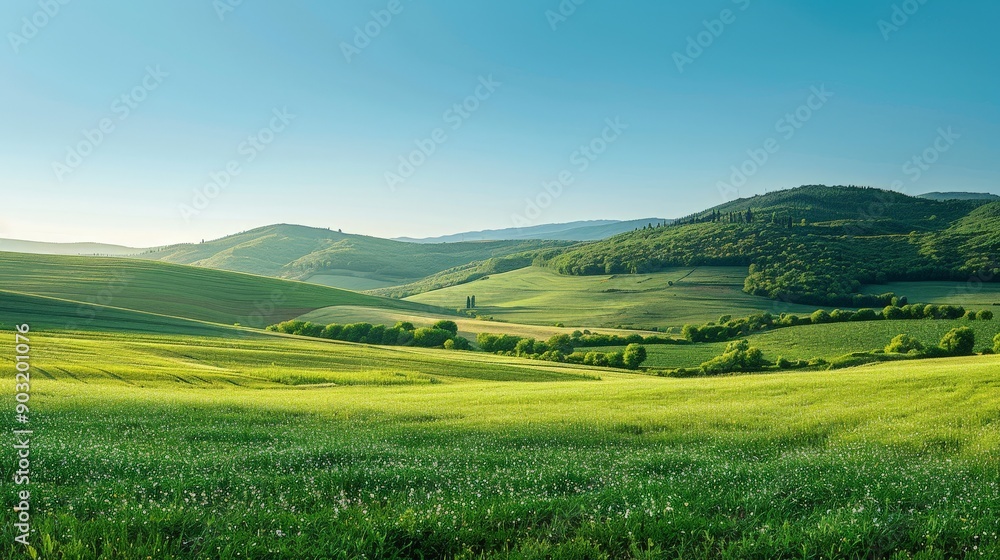 Serene countryside with rolling fields and a clear blue sky, peaceful and pastoral Serene countryside with rolling fields and a clear blue sky, peaceful and pastoral