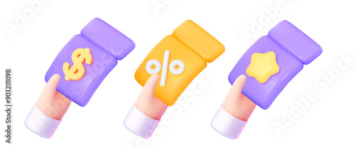 3D coupons featuring dollar, percent, and star symbols. Ideal for bonuses, sales, and subscriptions to music or movies