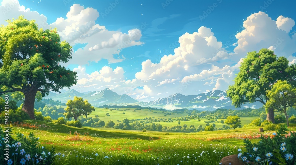 Fototapeta premium Serene Cartoon Nature Scene with Lush Greenery