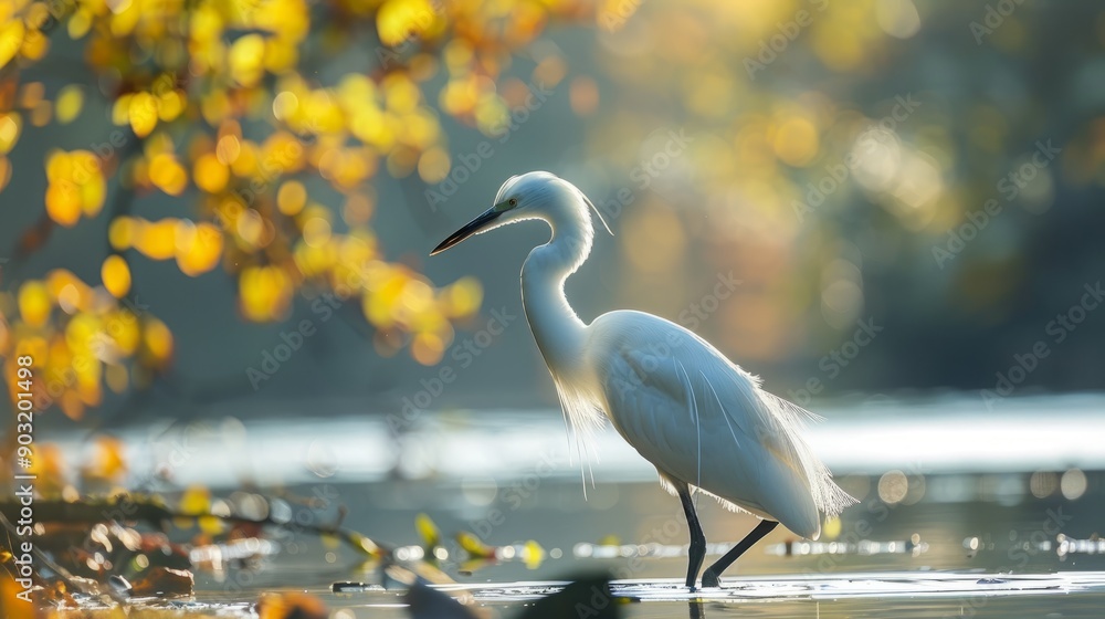 Naklejka premium Egretta garzetta wading through shallow waters under soft autumn light