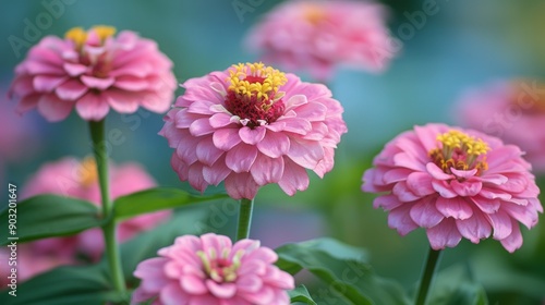 Beauty of pink wild zinnia elegans blossoms in full bloom under soft morning light