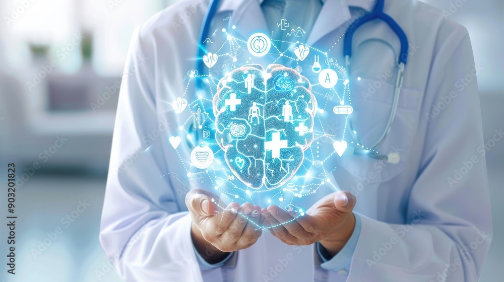 A doctor holds a brain in his hands, surrounded by a network of medical symbols A doctor holds a brain in his hands, surrounded by a network of medical symbols