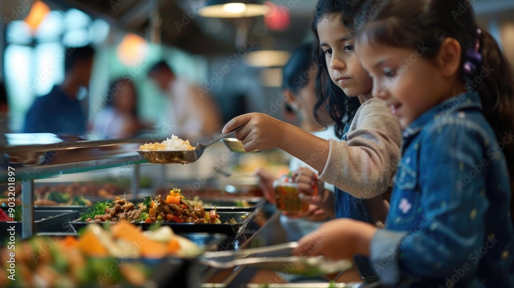 A family at a buffet, serving themselves moderate portions to promote healthy eating habits A family at a buffet, serving themselves moderate portions to promote healthy eating habits
