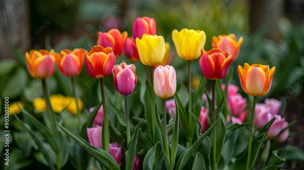 Colorful tulips blooming in a vibrant spring garden Colorful tulips blooming in a vibrant spring garden