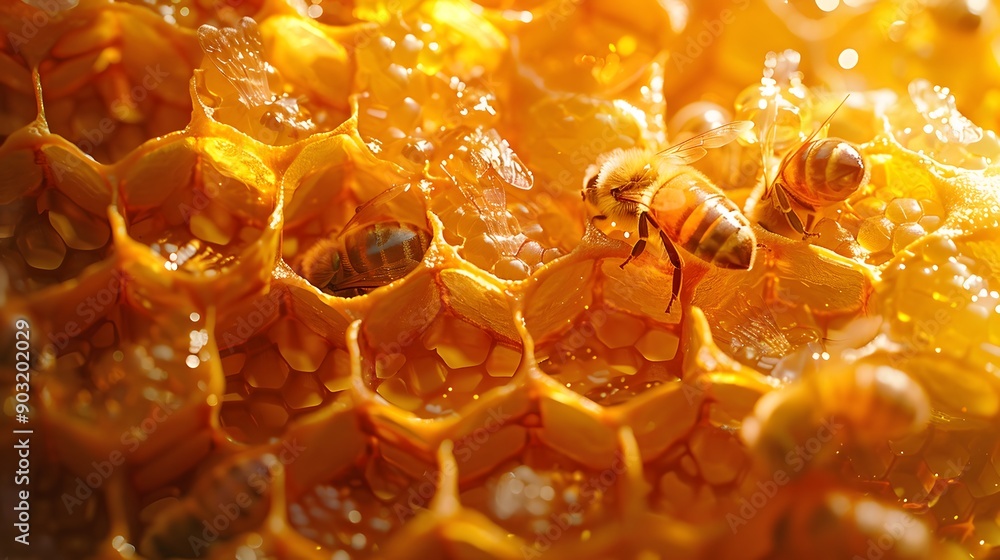Honeycomb cells filled with bee larvae and shimmering pollen under sunlight. Honeycomb cells filled with bee larvae and shimmering pollen under sunlight.