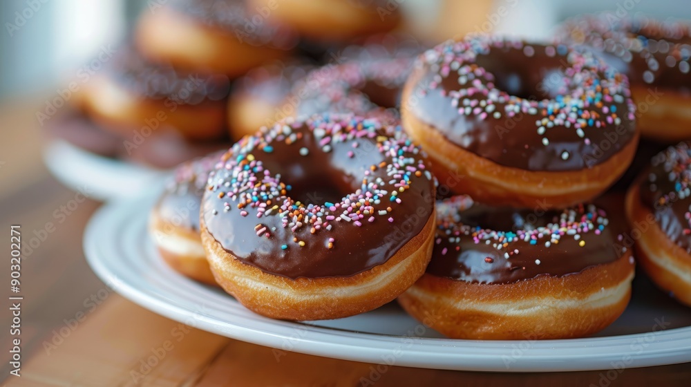 Plate filled with chocolate donuts topped with colorful sprinkles on wooden table