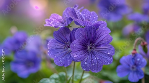 Sanguine purple geranium blooms in a park on a rainy day