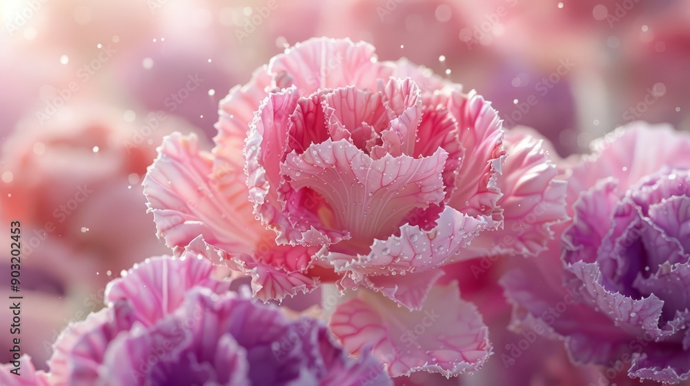 Close up of decorative cabbage blooms surrounded by soft light in a garden Close up of decorative cabbage blooms surrounded by soft light in a garden