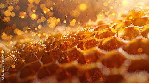 Honeycomb cells filled with bee larvae and shimmering pollen under sunlight. photo