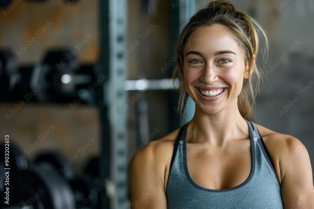 A fit muscular female personal trainer smiling at the camera in a gym, close up A fit muscular female personal trainer smiling at the camera in a gym, close up