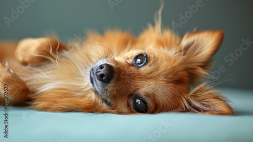 Dog lying on back with umbilical hernia relaxing in indoor space photo